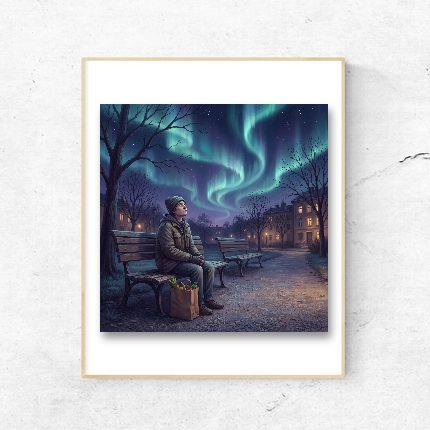 Groceries on the Bench, Aurora on a wall